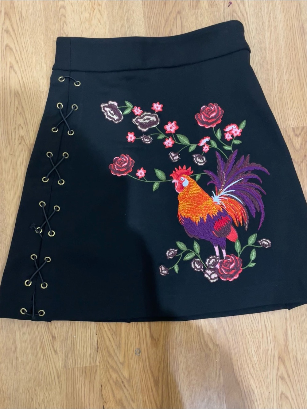 Black A-Line Skirt with Colorful Rooster Embroidery and Side Lace-Up